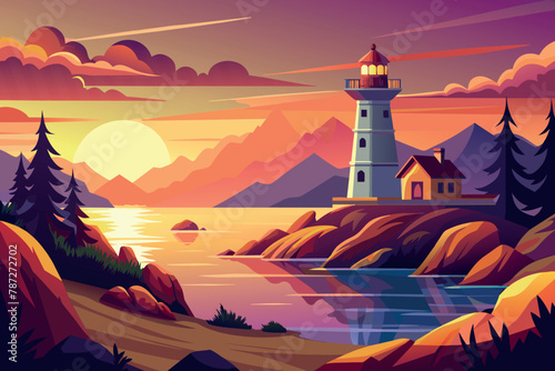 Sunset Lighthouse Landscape cartoon vector Illustration flat style artwork concept