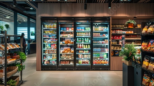 A supermarket store with a lot of food and drinks in the freezer section