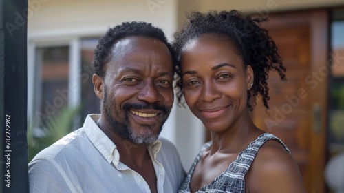 Portrait of a smiling black couple standing in front of their new house, a real estate concept.