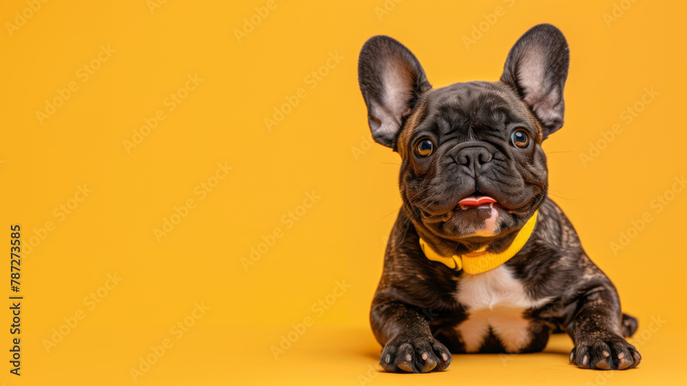 A French bulldog in a yellow collar stares intently at the camera