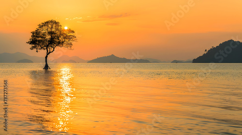 Scenic view of sea with sunset orange dusk sky at peaceful bay with lonely tree in the middle of water and layer islands Koh Mak Island Trat Thailand Minimal panorama background with c : Generative AI photo