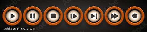 Multimedia buttons. White buttons in a brown frame. Vector clipart isolated on dark background.