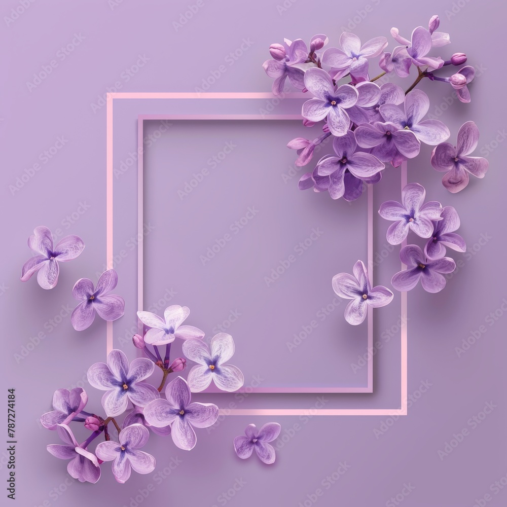 Fototapeta premium A square frame of purple flowers on a purple background.
