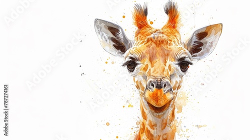Charming giraffe calf, full body, watercolor handdrawing, showcasing innocence and big eyes, on a white background photo