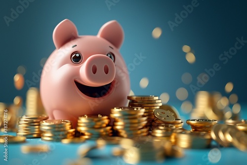 cartoonstyle pink piggy bank with a cheeky smile, next to a towering pile of golden coins, vivid blue backdrop photo