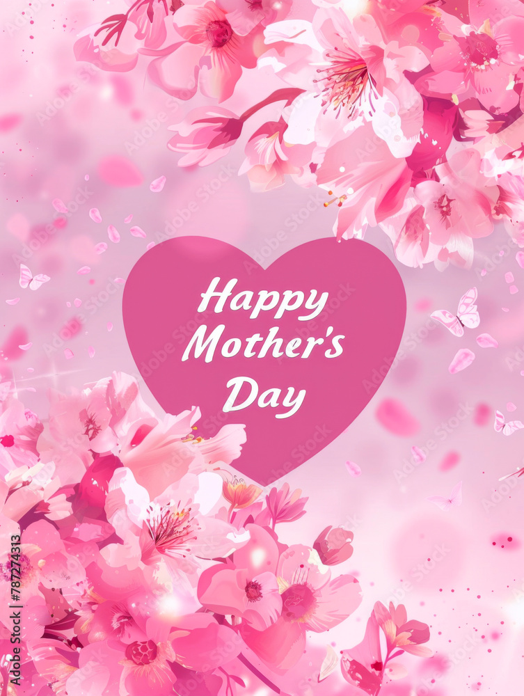 Happy Mother's Day background with cherry blossom and pink heart.
