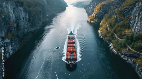 Container Ship's Aerial Journey Through Narrow Straits: A Testament to Marine Navigation photo