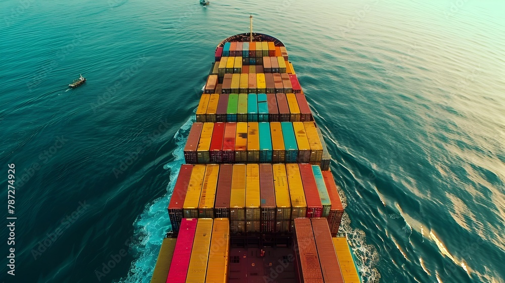 Massive Container Ship Sailing Global Trade Routes: Aerial View of Colorful Containers Mapping International Freight Transport Massive Container Ship Sailing Global Trade Routes: Aerial View of Colorful Containers Mapping International Freight Transport