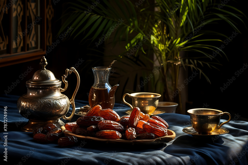 Arabic tea set with dates on the table in the garden.