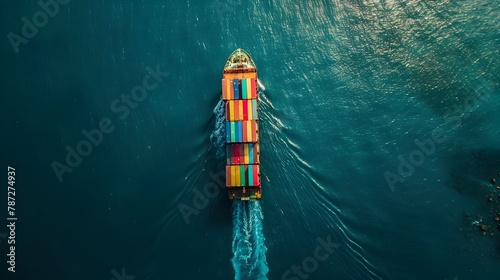 Global Trade Routes Visualized: A Massive Container Ship Traversing the Azure Ocean photo