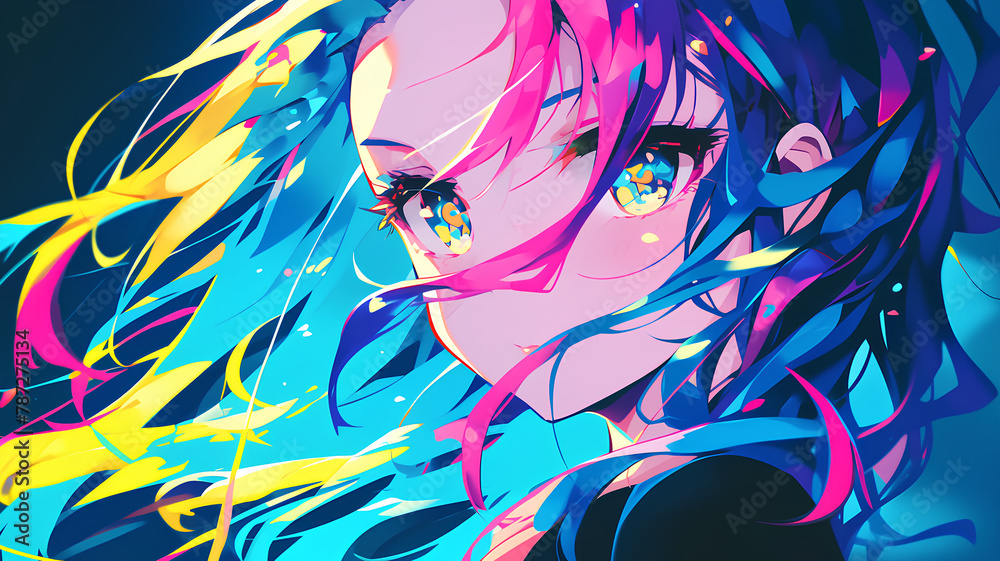 beautiful cute anime girl, flowing hair neon rainbow colors highlights. 2d anime backgrounds
