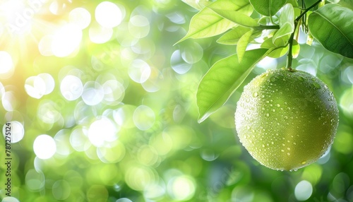 Macro close up of juicy pomelo fruit with water droplets on tree, ideal for banner with text space photo