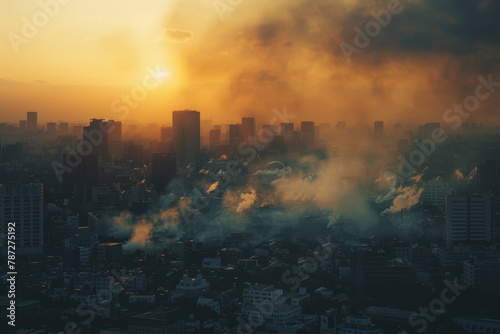 Sunset Over Busy Urban Street with Pollution. © bajita111122