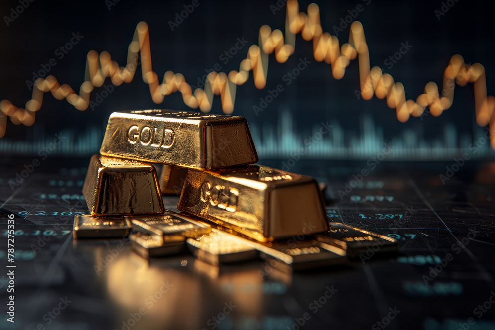 Stacks of gold bars gleam against a backdrop of glowing financial market charts, symbolizing wealth and investment stability.. Stacks of gold bars gleam against a backdrop of glowing financial market charts, symbolizing wealth and investment stability..