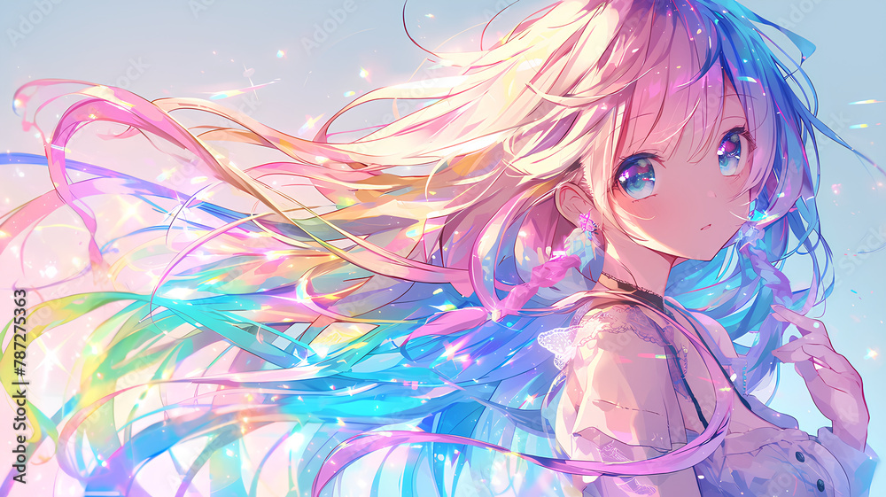 beautiful cute anime girl, flowing hair neon rainbow colors highlights. 2d anime backgrounds beautiful cute anime girl, flowing hair neon rainbow colors highlights. 2d anime backgrounds