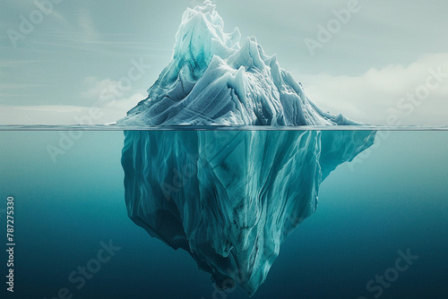 An iceberg with the smaller part visible above water and a larger part below, symbolizing hidden information or business intelligence