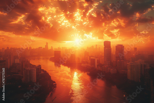 Fiery Sunset Over Urban River Skyline.