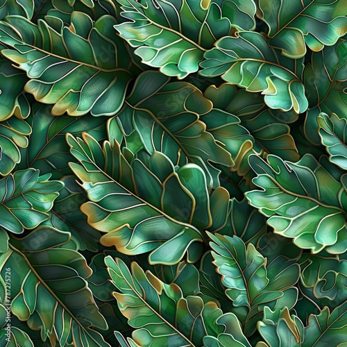 A close up of green leaves with a gold leaf in the middle