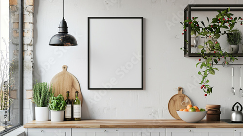 modern farmhouse kitchen with white wall with blank poster frame on the counter photo