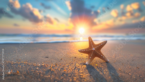 Starfish on the beach at sunset. Beautiful seascape background with starfish and golden sand in front of blue sky. photo