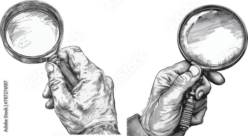 Engraved hand holding magnifying glass