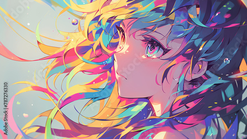 beautiful cute anime girl  flowing hair neon rainbow colors highlights. 2d anime backgrounds