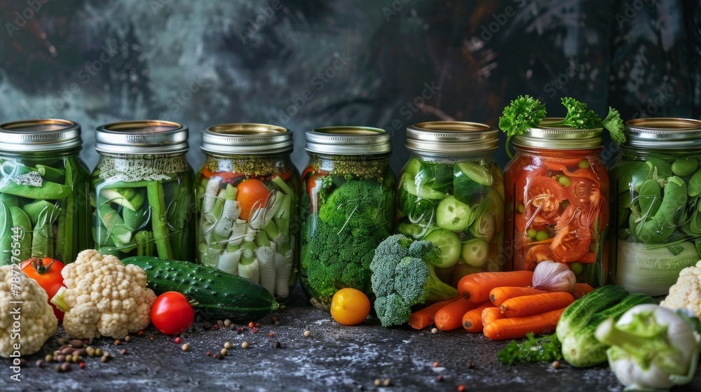 Pickled vegetables in jars on the table Pickled vegetables in jars on the table