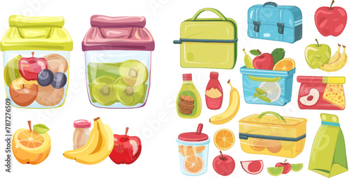 Sandwich and snacks packed in schoolkid meal break bag isolated icons set photo