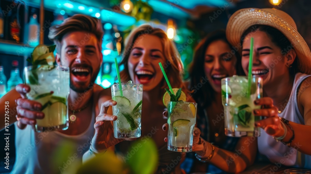 Happy group of friends drinking mojito in cocktail bar