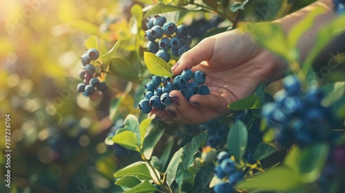Pick Blueberries Day. Hands hold ripe blueberries.