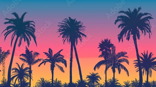 Silhouettes of Palm Trees Against a Sunset Sky Background Horizontal Image © 2rogan