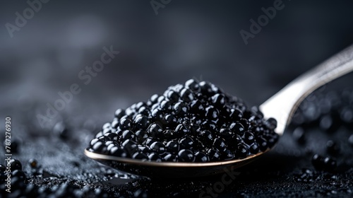 Black caviar in a spoon on a dark background.