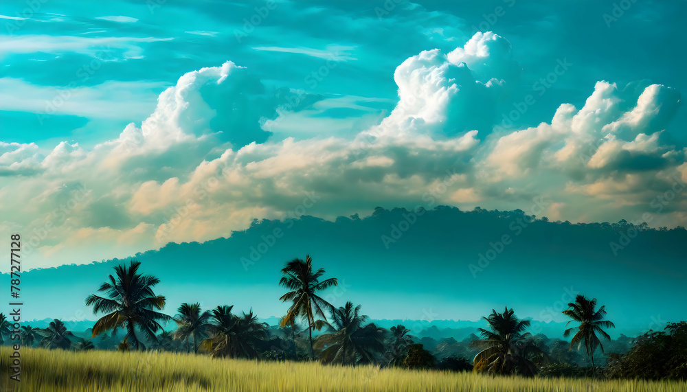 Artistic fluffy clouds vacation and travel holiday on digital art concept.