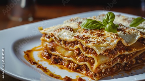 Beef lasagna with bolognese sauce, topped with basil leaves, served on a white plate