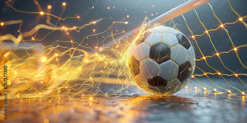 a soccer ball and a goal against a background of flashing lightning - obrazy, fototapety, plakaty 