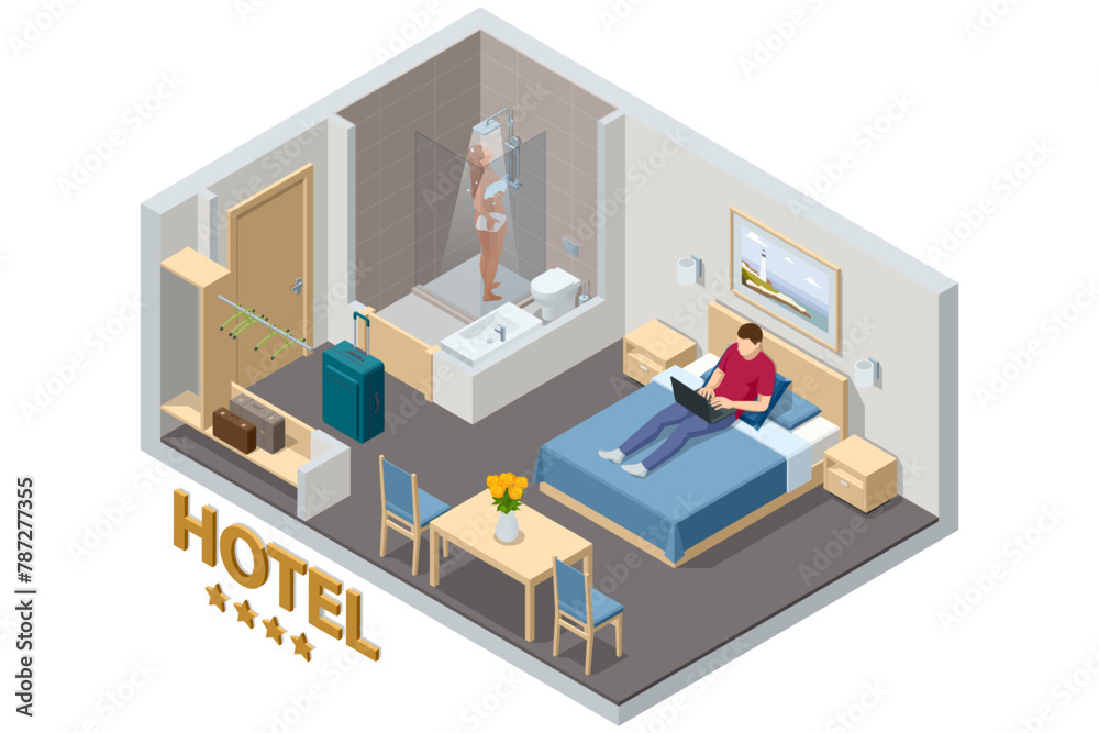 Fototapeta premium Isometric Modern Bedroom Suite in Hotel. Hotel Checking in and Having Rest in Their Rooms. Enjoy the Holiday and Vacation. Mobile Application, Hotel Booking Online on Website.