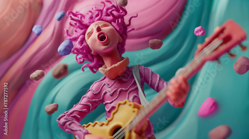 Mulher cantando vestindo roupas rosas e com um violão -  feito de massinha de modelar photo