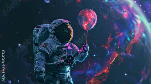 A man in a spacesuit holding a red balloon