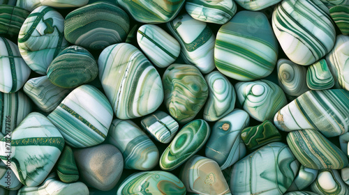 A collection of green and white rocks with a striped pattern