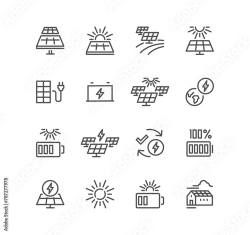 Set of solar panel related icons, alternative electricity source, solar panel plant, renewable power supply system, sustainable energy, panel installation, roof panel and linear variety vectors.