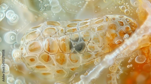 A microscopic view of a pupa encased in a co or chrysalis showcasing the intricate details of its developing body as it prepares for photo