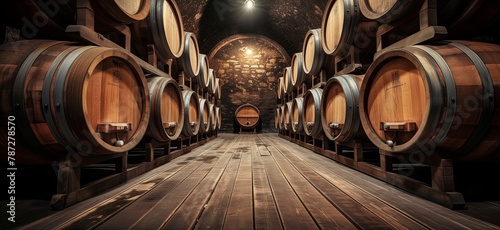 wine barrels in a dark wine cellar photo