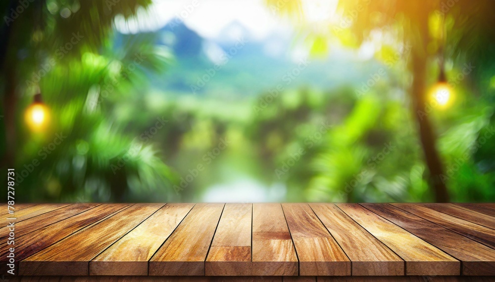 Peaceful Haven: Wood Table with Nature Blur in the Background