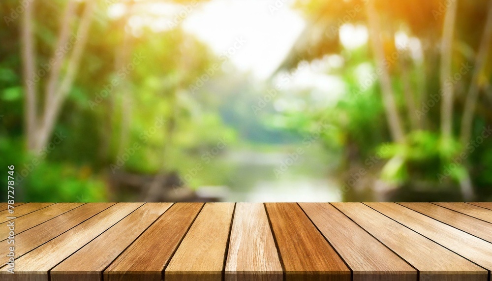 Calming Presence: Wood Table with Subtle Nature Background Blur Calming Presence: Wood Table with Subtle Nature Background Blur