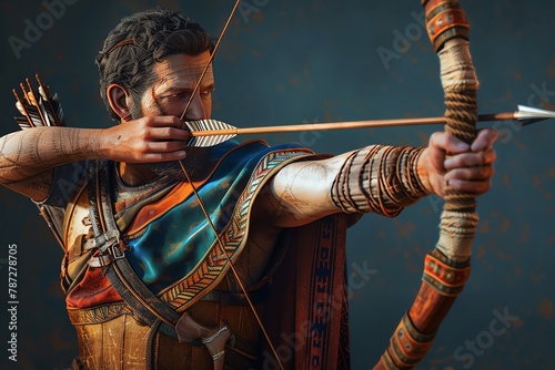 Artistic depiction of an archer from the Early Iron Age, dynamic pose, historically accurate attire,  photo