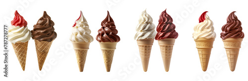 Set of two ice cream cones with white and red vanilla isolated on transparent or white background