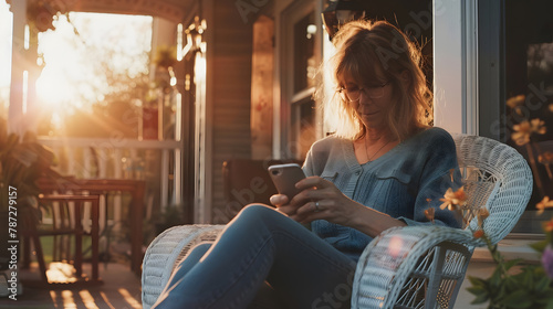 Woman Using phone while sitting cozy on a porch at sunny afternoon Copy space : Generative AI