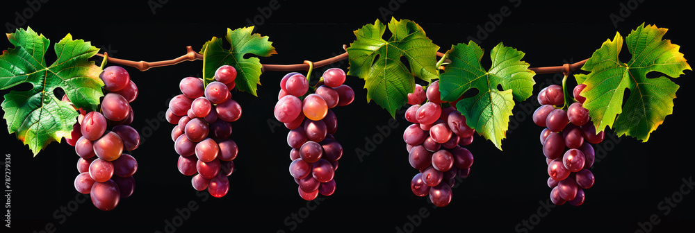 Vibrant red grapes on vine with green leaves, black background, isolated. Vibrant red grapes on vine with green leaves, black background, isolated.