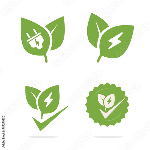 Green eco energy label sticker icon, sustainable electric renewable logo with lightning bolt tag graphic illustration set, natural resources tech power sign symbol image clipart modern design