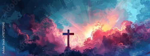Easter illustration of the cross in front of clouds. Generate AI image